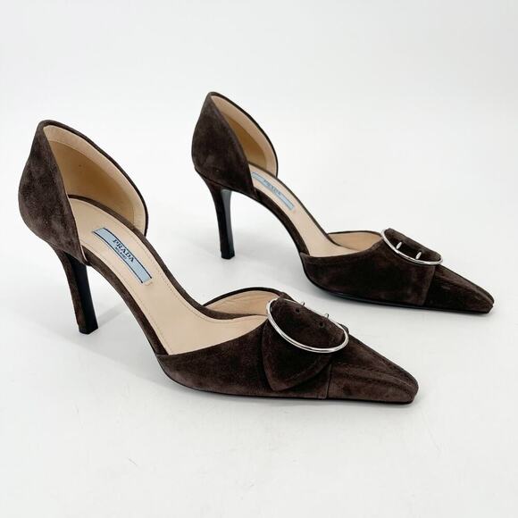 Prada IT 40 Graphite Suede D’Orsay Pumps with Oversized Buckle New with Box - Picture 2 of 13